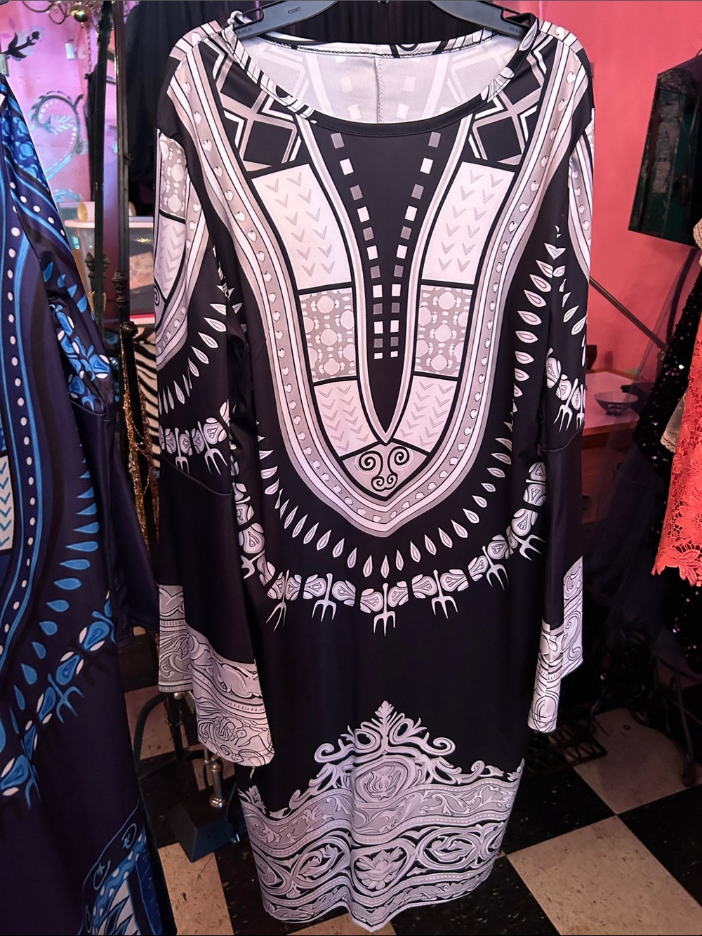 Black & White Ethnic Print Tunic Dress